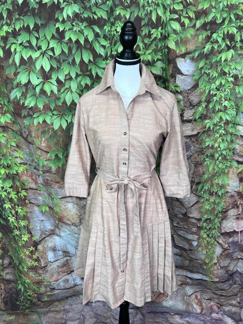 SHARAGANO Minimalist Luxury Designer Tan Shirtdress with Pleated Skirt, 4 - Picture 2 of 11
